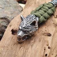 Paracord Schlüsselanhänger mit Wolfskopf aus Edelstahl - Farbe Dunkelgrün