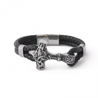 Silberfarbendes Kunstleder Armband mit einem Thors Hammer aus Edelstahl