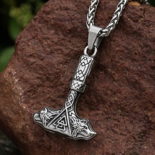 Thorshammer Anhänger "VALKNUT"" und Kette aus Edelstahl - 60 cm