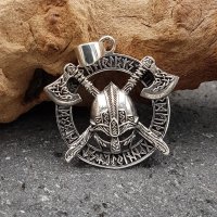 Wikingerhelm mit Äxte im Runenkreis - Anhänger aus 925 Sterling Silber