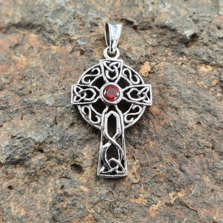 Keltenkreuz mit rotem Stein - 925er Sterling Silber