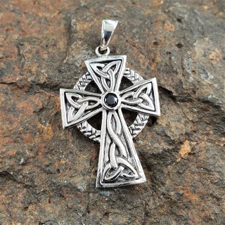 Anhänger Keltenkreuz mit schwarzen Stein - 925er Sterling Silber