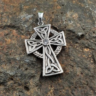 Anhänger Keltenkreuz mit weißen Stein - 925er Sterling Silber