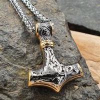 Edelstahl Halskette Thors Hammer verziert mit der Midgardschlange und Triquetra - Silber Gold - 60 cm