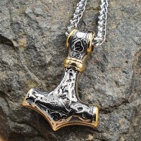 Edelstahl Halskette Thors Hammer verziert mit der Midgardschlange und Triquetra - Silber Gold - 60 cm