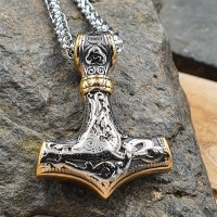 Edelstahl Halskette Thors Hammer verziert mit der Midgardschlange und Triquetra - Silber Gold - 60 cm